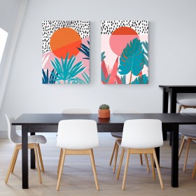 Cuadro decorativo moderno con diseño tropical, sol naranja y hojas en tonos azules sobre fondo rosa-Cuadrostock