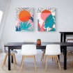 Cuadro decorativo moderno con diseño tropical, sol naranja y hojas en tonos azules sobre fondo rosa-Cuadrostock