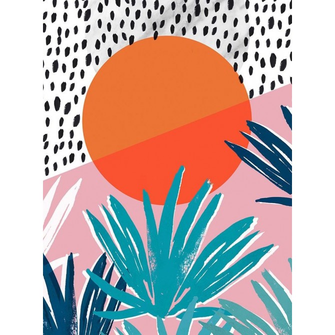 Cuadro decorativo moderno con diseño tropical, sol naranja y hojas en tonos azules sobre fondo rosa-Cuadrostock