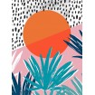 Cuadro decorativo moderno con diseño tropical, sol naranja y hojas en tonos azules sobre fondo rosa-Cuadrostock