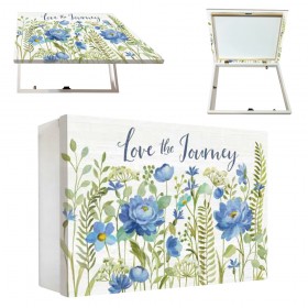 Tapacontador horizontal blanco con flores azules y texto - Cuadrostock