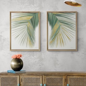 Díptico con hojas de palmera en tonos verdes e imitación a dorado ideal para decoraciones frescas
