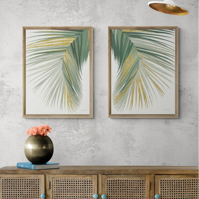 Díptico con hojas de palmera en tonos verdes e imitación a dorado ideal para decoraciones frescas