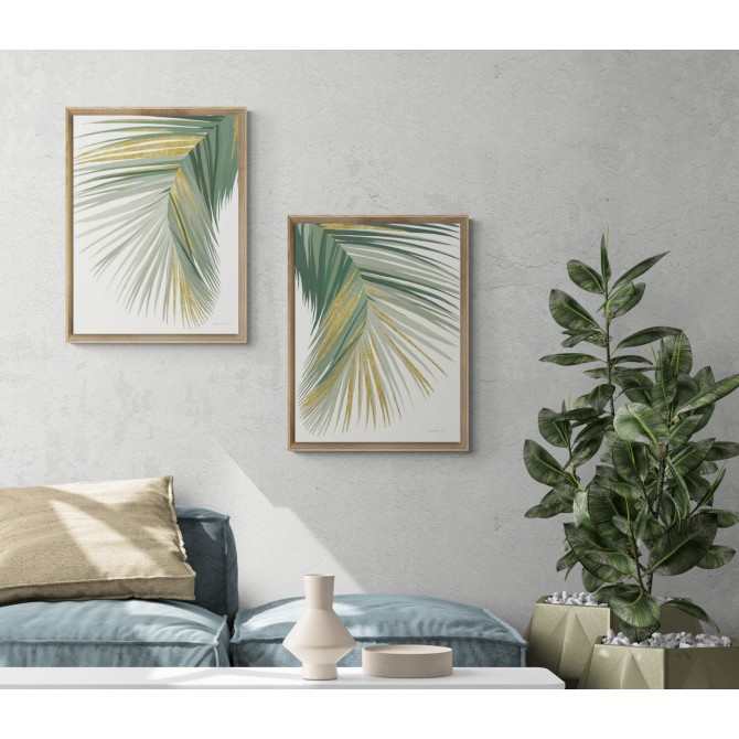 Díptico con hojas de palmera en tonos verdes e imitación a dorado ideal para decoraciones frescas