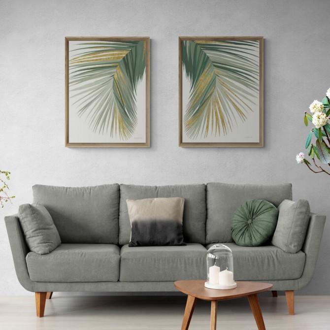 Díptico con hojas de palmera en tonos verdes e imitación a dorado ideal para decoraciones frescas