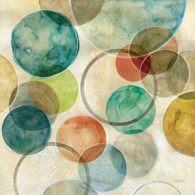 Díptico abstracto con círculos en tonos verdes, azules, naranjas y amarillos, estilo acuarela-Cuadrostock