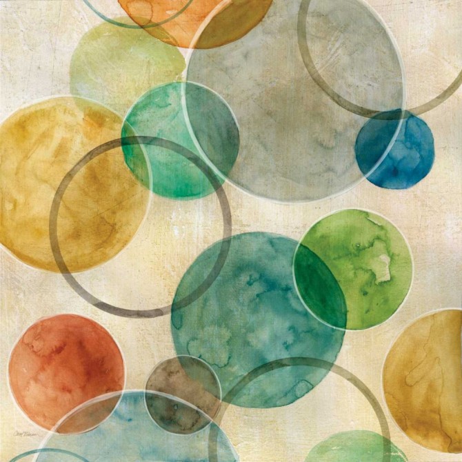 Díptico abstracto con círculos en tonos verdes, azules, naranjas y amarillos, estilo acuarela-Cuadrostock