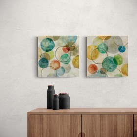 Díptico abstracto con círculos en tonos verdes, azules, naranjas y amarillos, estilo acuarela-Cuadrostock