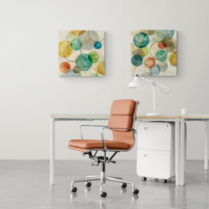 Díptico abstracto con círculos en tonos verdes, azules, naranjas y amarillos, estilo acuarela-Cuadrostock