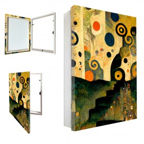Tapa contador "Reflejos de Klimt" con marco blanco y diseño dorado.