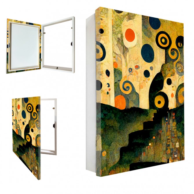 Tapa contador "Reflejos de Klimt" con marco blanco y diseño dorado. Tapa contador "Reflejos de Klimt" con marco blanco y diseño dorado.