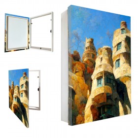 Tapacontador vertical con diseño de Barcelona y marco blanco.