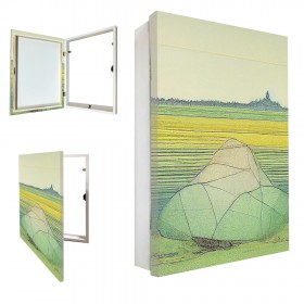 Tapacontador vertical blanco con cuadro de paisaje moderno verde 01 - Cuadrostock